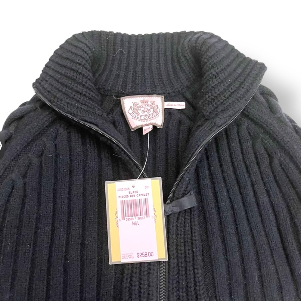 NWOT JUICY COUTURE Black Vintage Wool Ribbed Braided Zip Up Capelet Poncho - Picture 3 of 4